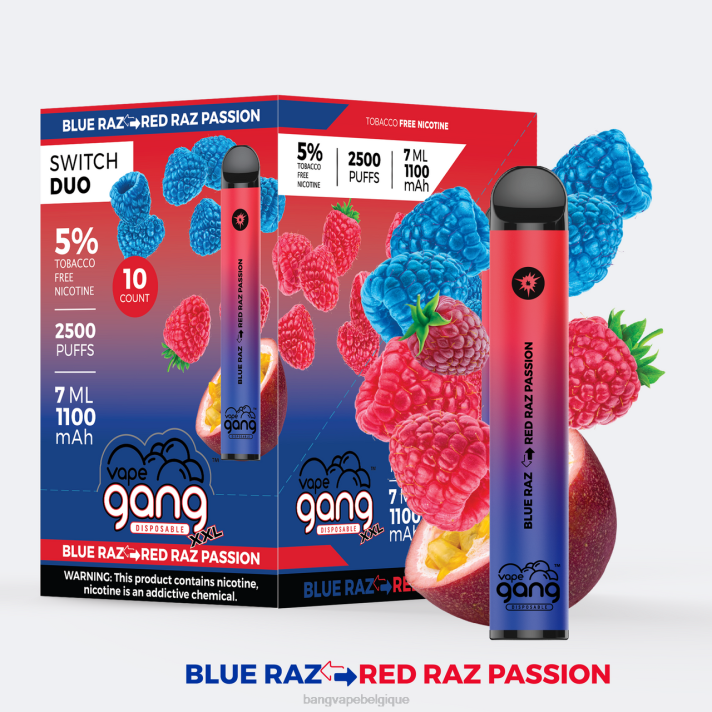 Vape Gang Switch Duo 2 saveurs (boîte de 10) - D4XL41 Vape Gang Belgique blue razz - rouge passion razz